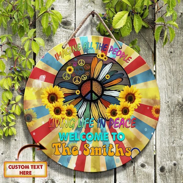 Hippie Imagine All The People Living Life In Peace Custom Round Wood Sign | Home Decoration | Waterproof | WN1605-Colorful-Gerbera Prints.