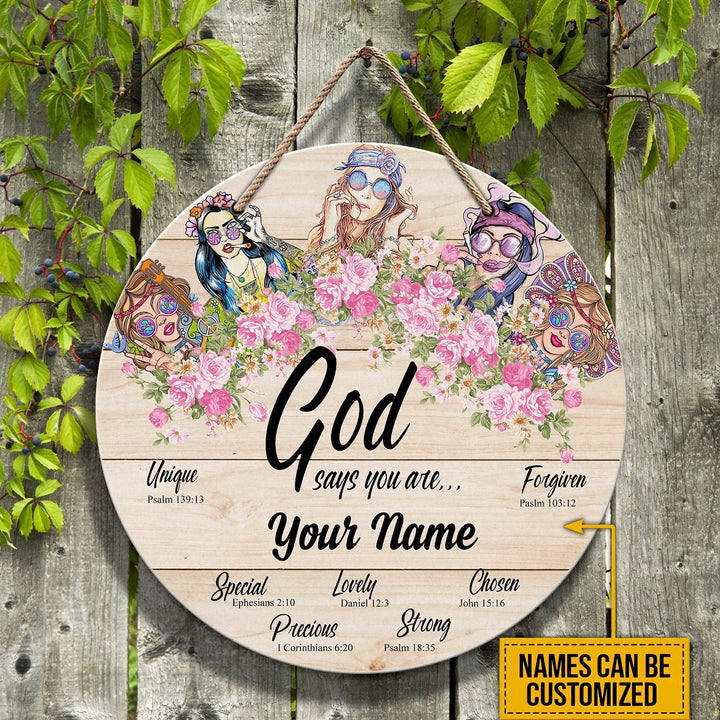 Hippie Lady God Says You Are Custom Round Wood Sign | Home Decoration | Waterproof | WN1604-Colorful-Gerbera Prints.