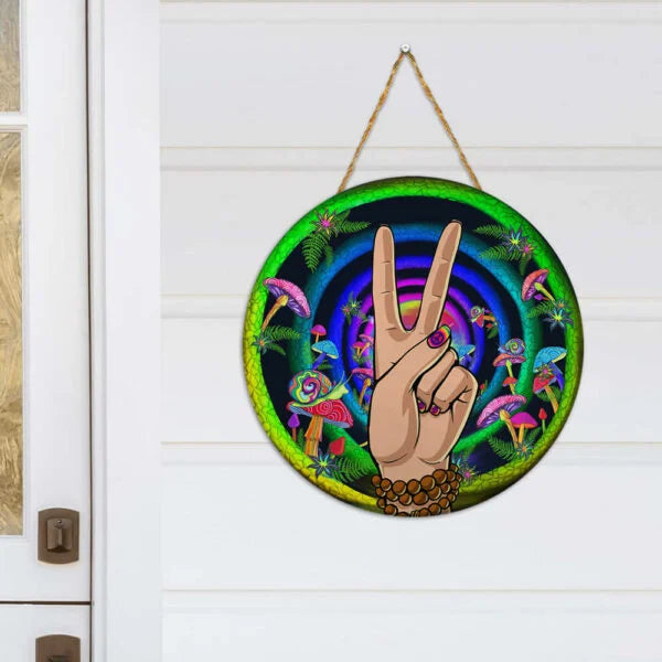 Hippie Peace Love Door Sign Magic Word Round Wood Sign | Home Decoration | Waterproof | WS1200-Colorful-Gerbera Prints.
