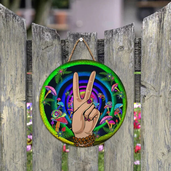 Hippie Peace Love Door Sign Magic Word Round Wood Sign | Home Decoration | Waterproof | WS1200-Gerbera Prints.