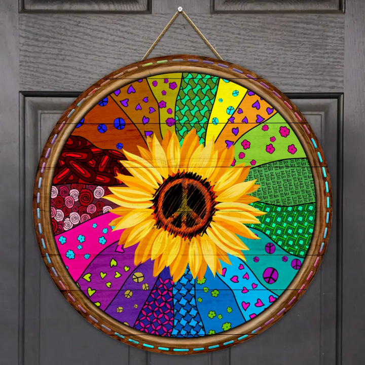 Hippie Sunflower Round Wood Sign | Home Decoration | Waterproof | WS1347-Colorful-Gerbera Prints.