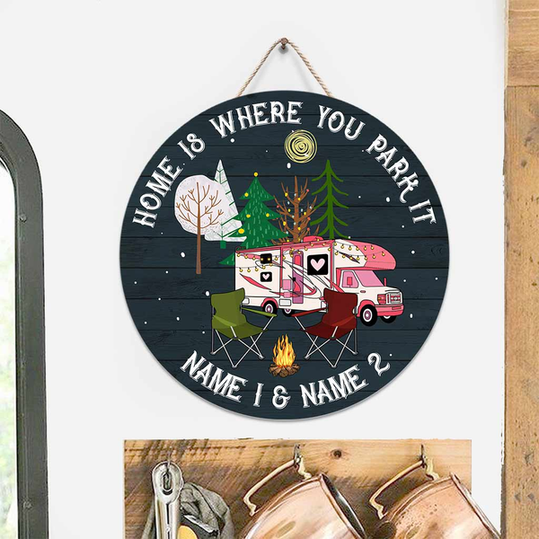Home Is Where You Park It Custom Round Wood Sign | Home Decoration | Waterproof | WN1238-Colorful-Gerbera Prints.