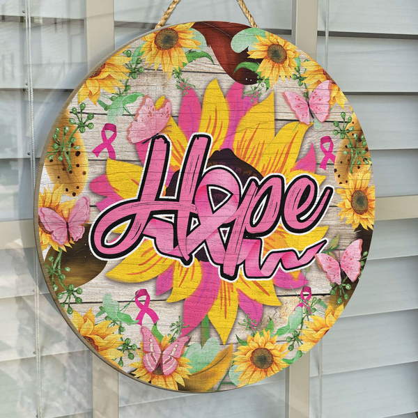 Hope Breast Cancer Awareness Sunflower Pink Ribbon Sample Round Wood Sign | Home Decoration | Waterproof | WS1086-Colorful-Gerbera Prints.