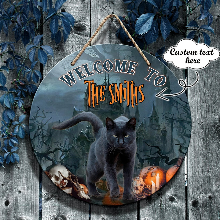 Horror Cat Halloween Custom Round Wood Sign | Home Decoration | Waterproof | WN1568-Colorful-Gerbera Prints.