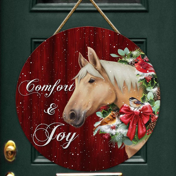 Horse Christmas Red Custom Round Wood Sign | Home Decoration | Waterproof | WN1130-Colorful-Gerbera Prints.