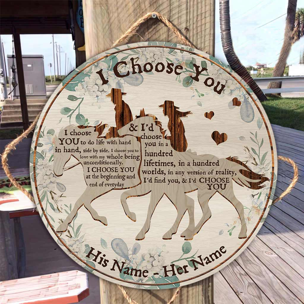 Horse Couple I Choose You Custom Round Wood Sign | Home Decoration | Waterproof | WN1107-Colorful-Gerbera Prints.