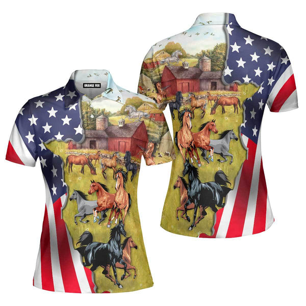 Horse - Gift For Horse Lover - Horses American Flag Polo Shirt For Women