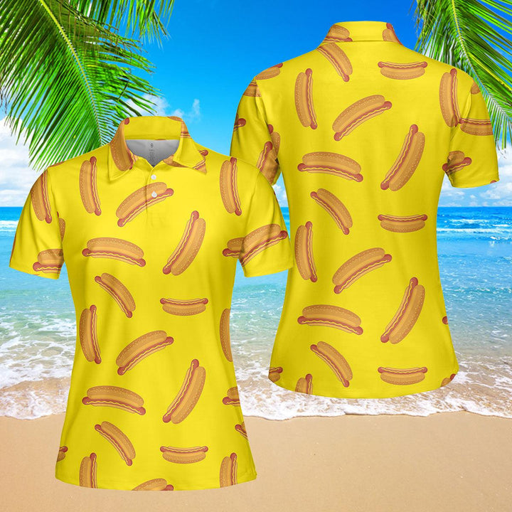 Hot Dog On Yellow Polo Shirt For Women