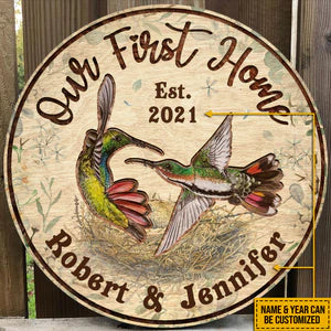 Hummingbird Our First Home Custom Round Wood Sign | Home Decoration | Waterproof | WN1101-Colorful-Gerbera Prints.