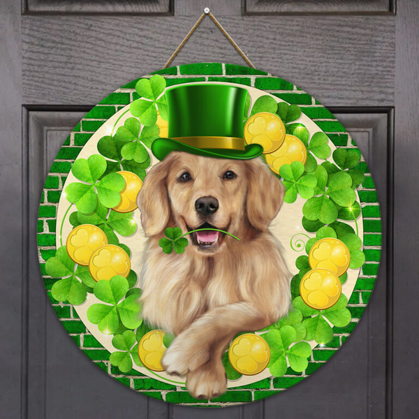 Irish Door Hanger Irish Shamrock Golden Retriever St. Patrick’s Day Sample Round Wood Sign | Home Decoration | Waterproof | WS1085-Colorful-Gerbera Prints.