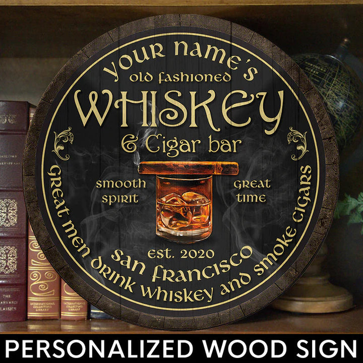Irish Whiskey & Cigar Bar Custom Round Wood Sign | Home Decoration | Waterproof | WN1635-Colorful-Gerbera Prints.