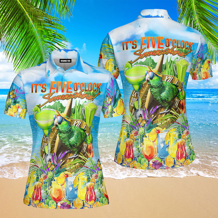 It's 5 O'clock Somewhere - Gift for Women, Drinkers - Blue Sky Summer Beach Drinking Parrot Polo Shirt