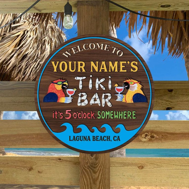 It’s 5 O’clock Somewhere Parrot Custom Round Wood Sign | Home Decoration | Waterproof | WN1461-Colorful-Gerbera Prints.