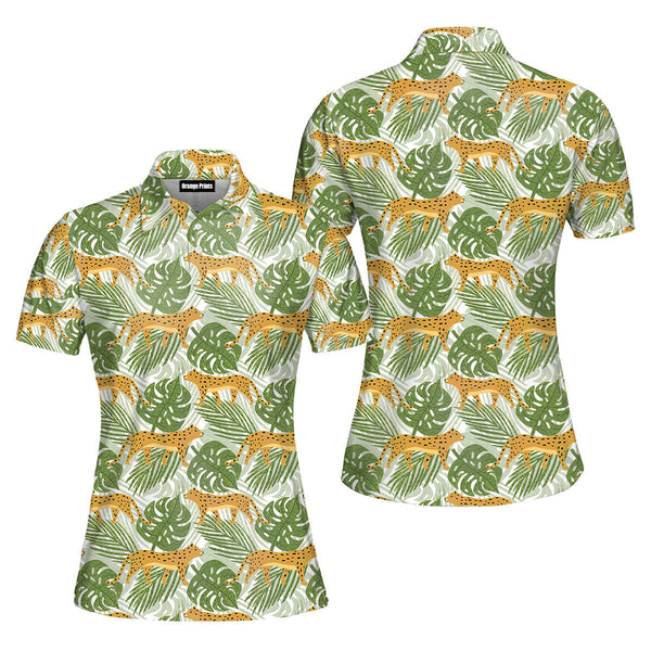 Jaguar And Tropical Leaves Seamless Pattern Polo Shirt For Women