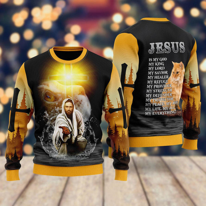 Jesus And Cat My Everything Ugly Christmas Sweater | For Men & Women | UH2103-Gerbera Prints.