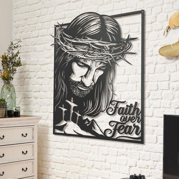 Jesus Faith Over Fair Cut Metal Sign | MS1154-Black-Gerbera Prints.