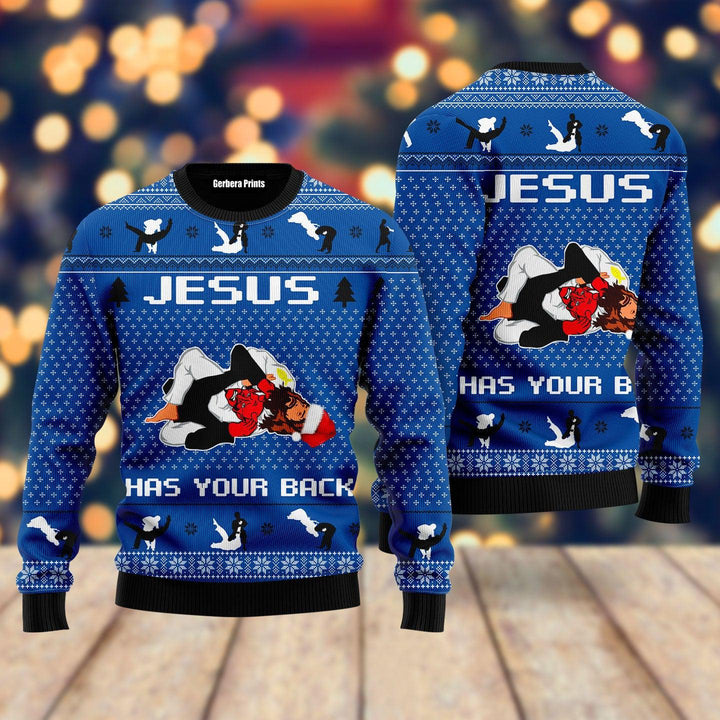 Jesus Has Your Back Jiu Jitsu Ugly Christmas Sweater | For Men & Women | US1028-Gerbera Prints.