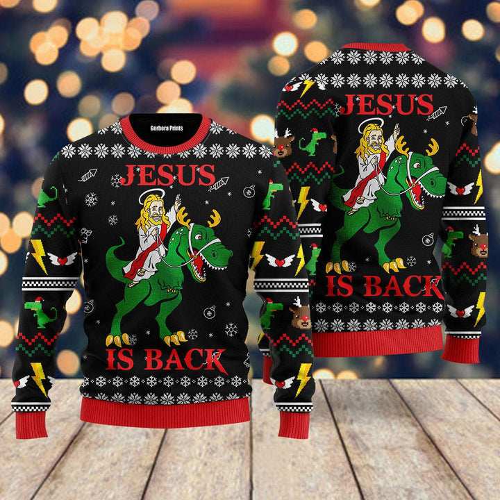 Jesus Ride Dinosaur Jesus Is Back Ugly Christmas Sweater | For Men & Women | UH1706-Gerbera Prints.