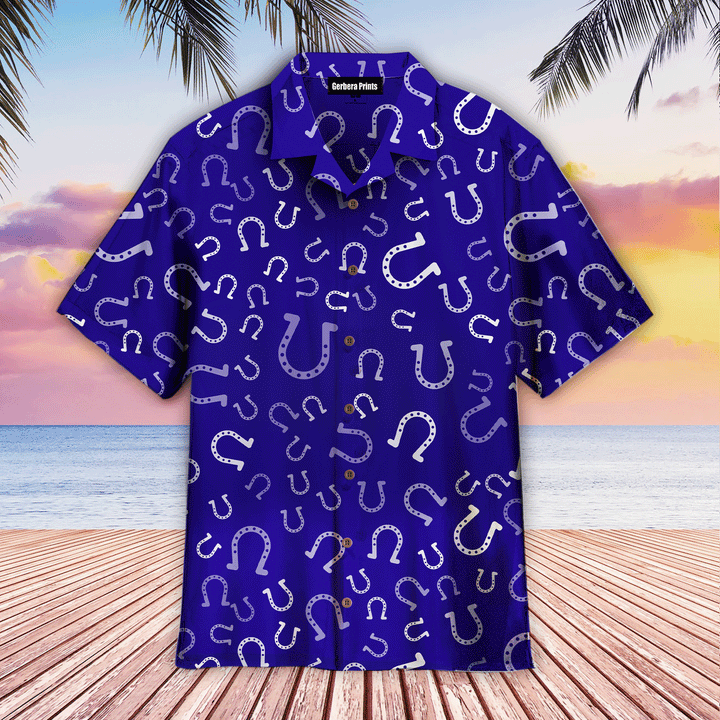 Kentucky Derby White Horseshoe Pattern Blue Aloha Hawaiian Shirts For Men And For Women WT6271