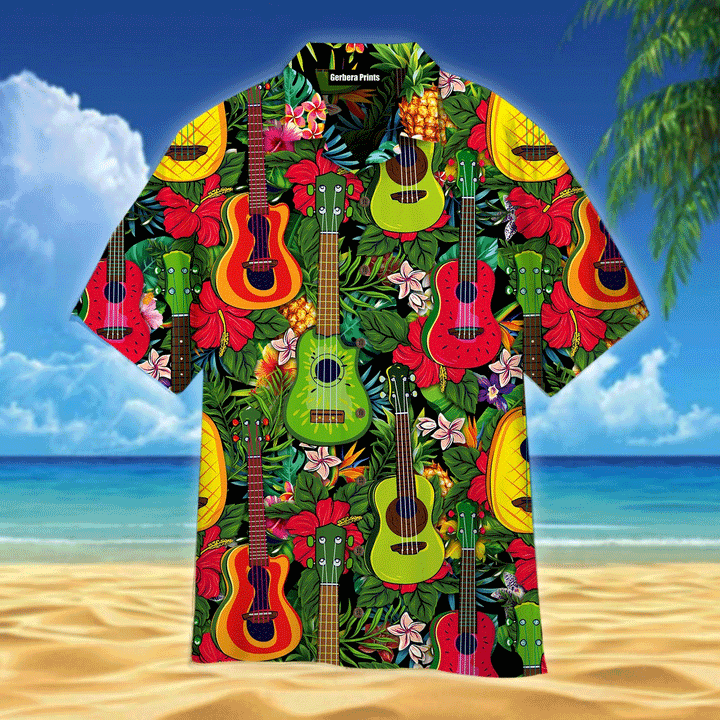 King Kameha Ukulele Music Instrument Tropical Red And Green Aloha Hawaiian Shirts For Men And For Women WT1454