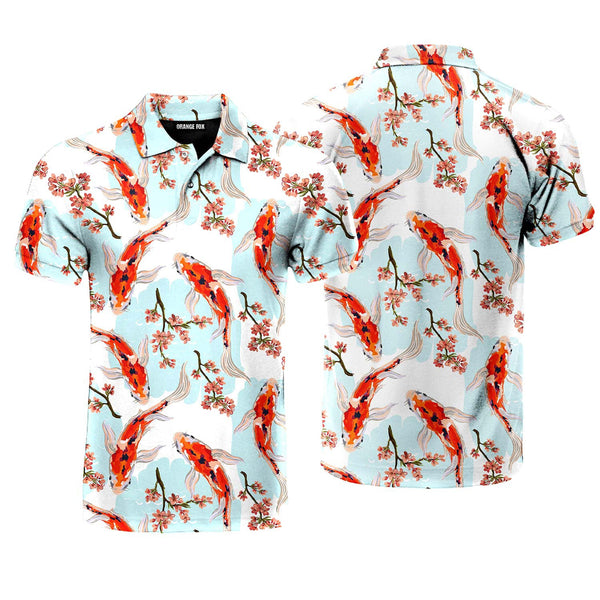 Koi Fish Tropical Japanese Flowers Branches Polo Shirt For Men