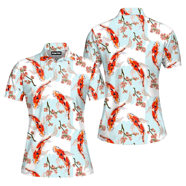 Koi Fish Tropical Japanese Flowers Branches Polo Shirt For Women