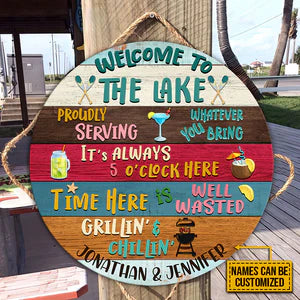 Lake House Proudly Serving Whatever Custom Round Wood Sign | Home Decoration | Waterproof | WN1087-Gerbera Prints.