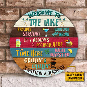 Lake House Proudly Serving Whatever Custom Round Wood Sign | Home Decoration | Waterproof | WN1087-Colorful-Gerbera Prints.