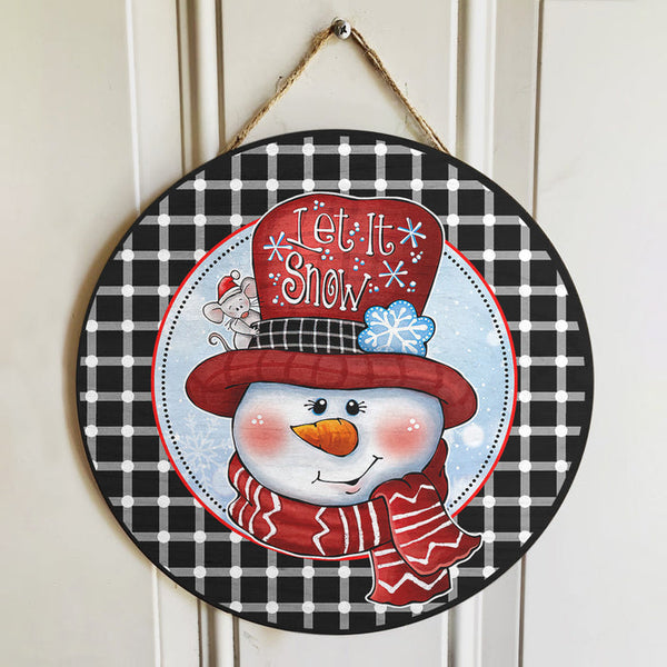 Let It Snow Snowman Plaid Round Wood Sign | Home Decoration | Waterproof | WS1234-Colorful-Gerbera Prints.