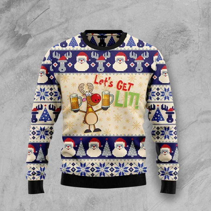 Let's Get Lit Reindeer Drink Beer Funny Ugly Christmas Sweater For Men & Women