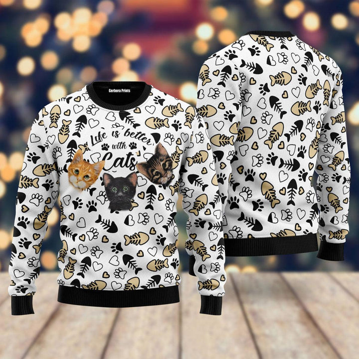 Life Is Better With Cats Ugly Christmas Sweater | For Men & Women | UH2228-Gerbera Prints.