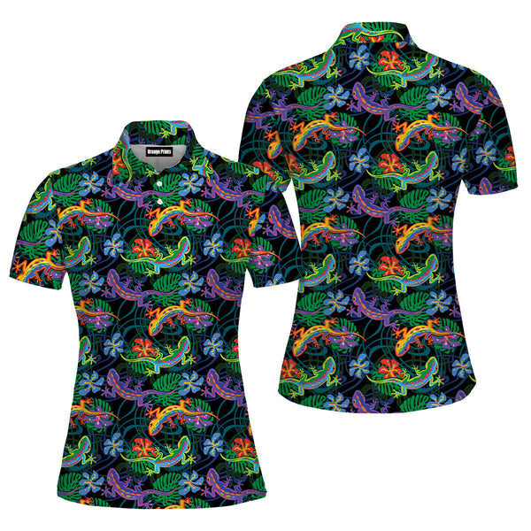 Lizards And Leaves Tropical Pattern Polo Shirt For Women