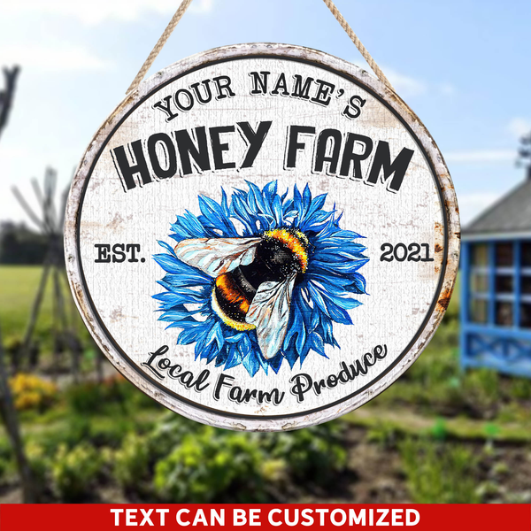 Local Farm Produce Honey Custom Round Wood Sign | Home Decoration | Waterproof | WN1257-Colorful-Gerbera Prints.