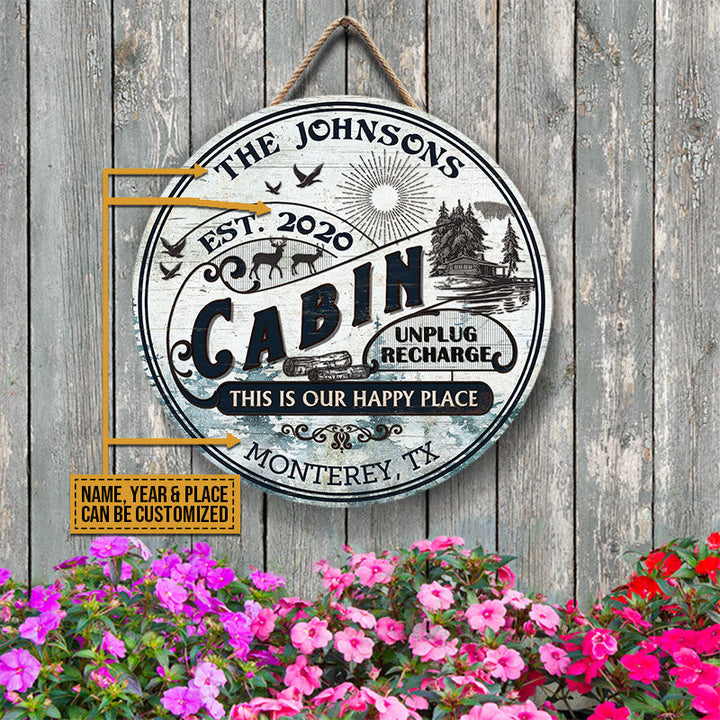 Log Cabin This Is Our Happy Place Custom Round Wood Sign | Home Decoration | Waterproof | WN1442-Gerbera Prints.