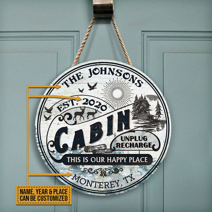 Log Cabin This Is Our Happy Place Custom Round Wood Sign | Home Decoration | Waterproof | WN1442-Colorful-Gerbera Prints.