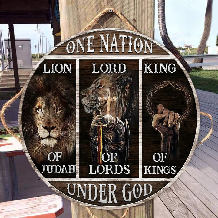 Lord of lords One Nation Under God Round Wood Sign | Home Decoration | Waterproof | WS1331-Colorful-Gerbera Prints.