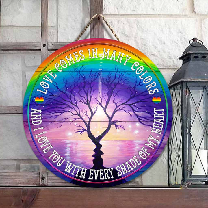 Love Comes In Many Colors Custom Round Wood Sign | Home Decoration | Waterproof | WN1613-Colorful-Gerbera Prints.
