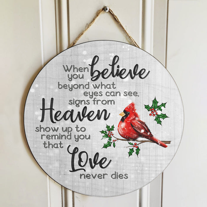 Love Never Die Bird Sign Memorial Quote Round Wood Sign | Home Decoration | Waterproof | WS1232-Colorful-Gerbera Prints.