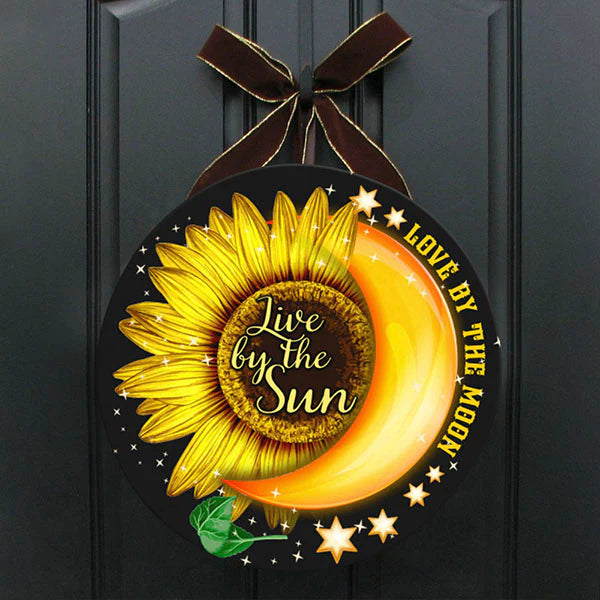 Love Peace Moon Live By the Sun Round Wood Sign | Home Decoration | Waterproof | WS1364-Colorful-Gerbera Prints.