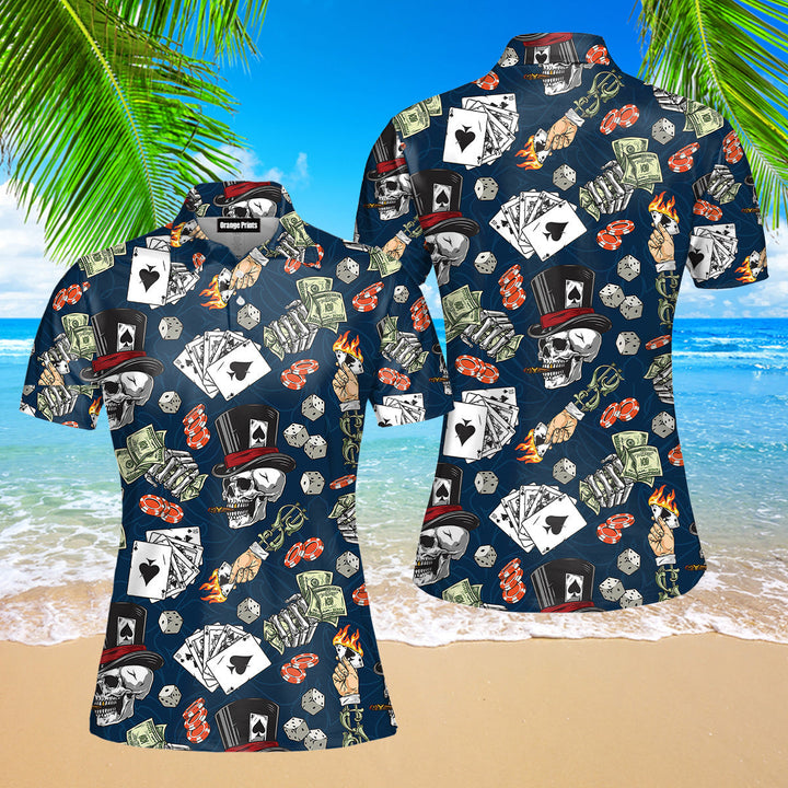 Lucky Dice Spades Gambling Skull Aloha Polo Shirt For Women