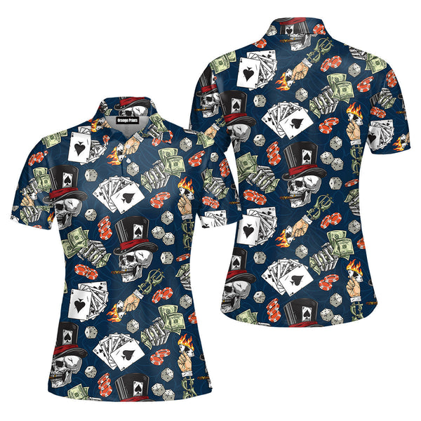 Lucky Dice Spades Gambling Skull Aloha Polo Shirt For Women