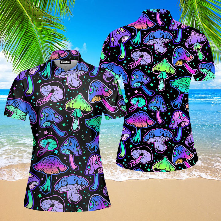 Magic Mushroom Neon Colorful Polo Shirt For Women