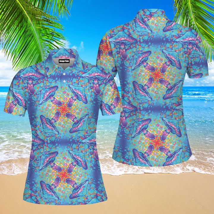 Magic Mushrooms 60s Hippie Colorful Polo Shirt For Women