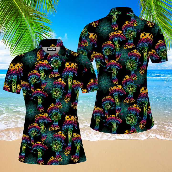 Magic Psychedelic Neon Mushroom Polo Shirt For Women