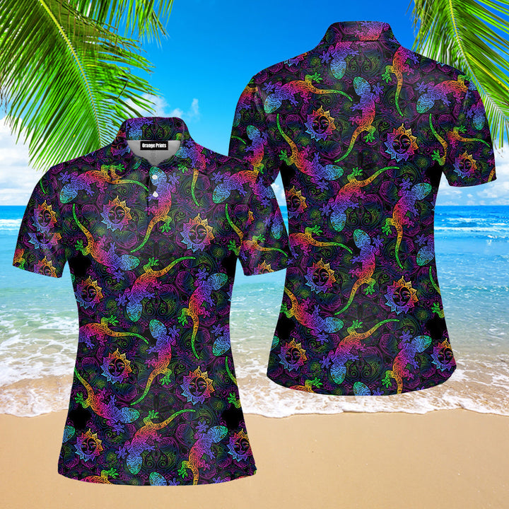 Mandalas Gecko Lizards With Boho Suns Tropical Pattern Polo Shirt For Women