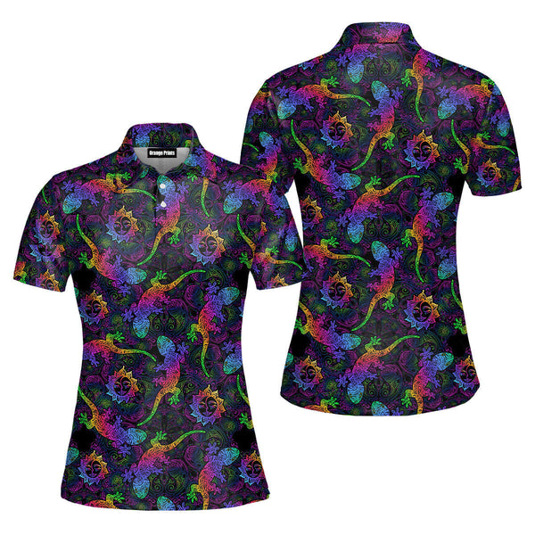 Mandalas Gecko Lizards With Boho Suns Tropical Pattern Polo Shirt For Women