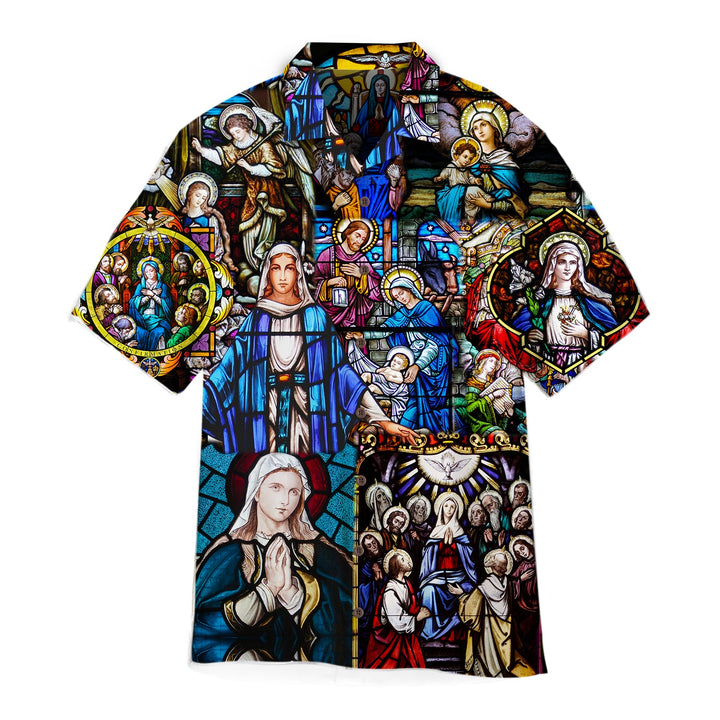 Mary's Coronation Religious Stained Glass Jesus Aloha Hawaiian Shirts | For Men and Women | WT1740N-Colorful-Gerbera Prints.