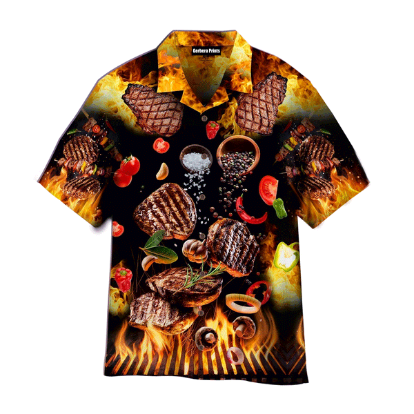 Meat Food BBQ On Fire Yellow And Black Aloha Hawaiian Shirts For Men And Women WT9016