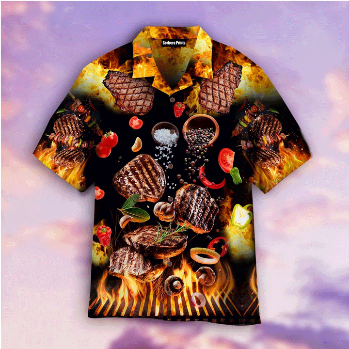 Meat Food BBQ On Fire Yellow And Black Aloha Hawaiian Shirts For Men And Women WT9016