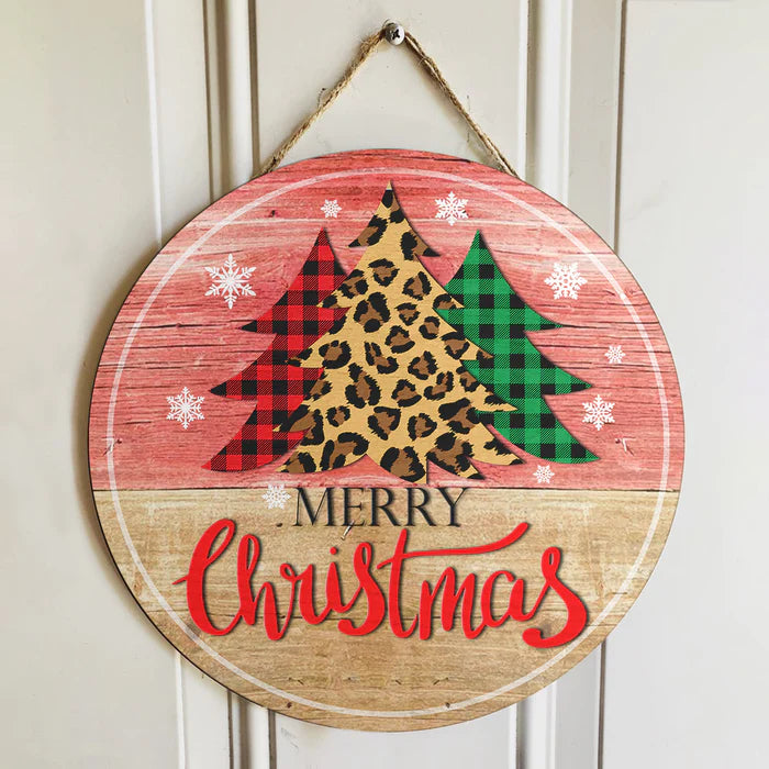Merry Christmas - Buffalo Plaid - Leopard Xmas Tree Door Sign Round Wood Sign | Home Decoration | Waterproof | WS1264-Colorful-Gerbera Prints.
